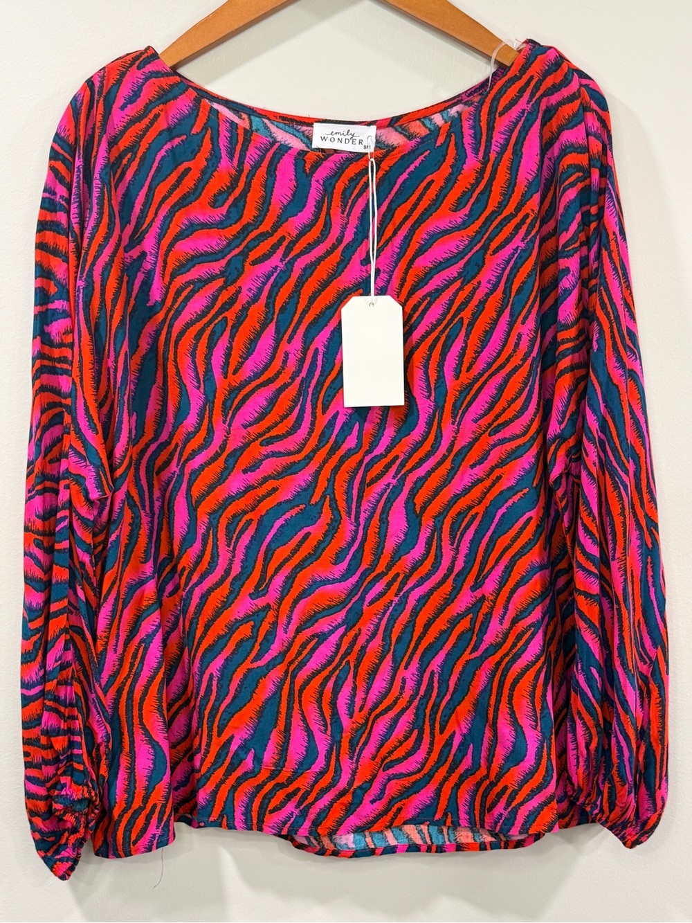 Emily Wonder Womens Long-Sleeve Zebra-Print Blouse in Pink & Red Size S